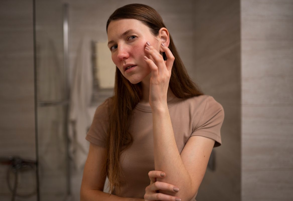 Žena crvene kože lica s vidljivim znakovima rozacee